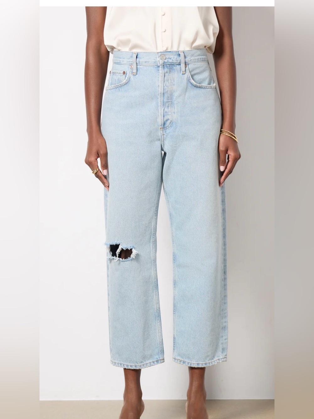 Agolde Light Blue 90s Crop Straight Leg Jeans with Knee Rip
